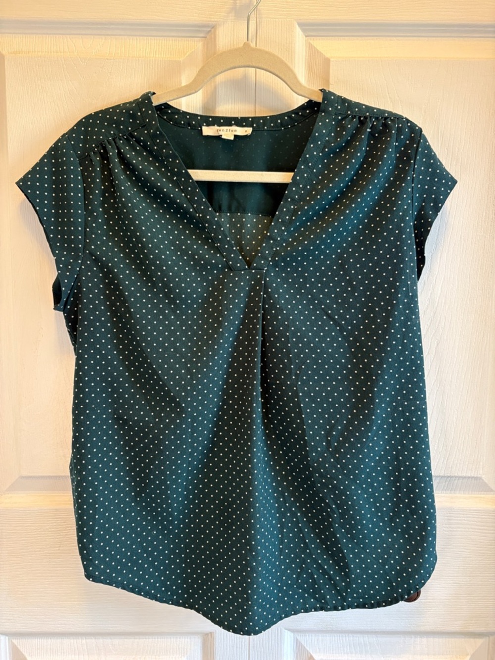 fun 2 fun Teal Polka Dot V-Neck Cap Sleeve Blouse